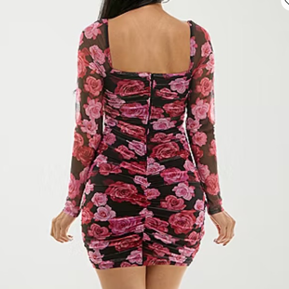 Pink and Red Floral Long Sleeve Mini Dress - Picture 2 of 13